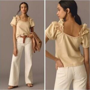 Anthropologie Women's Beige Ruffle Flutter Short Sleeve Top‎ Size Extra Small